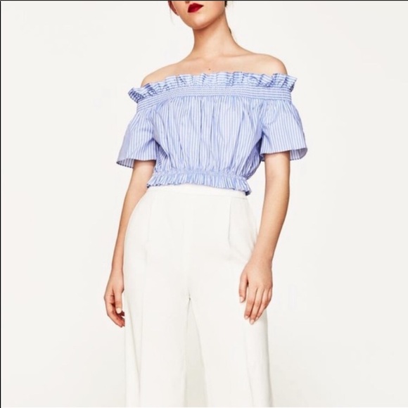 Zara Tops - Zara blue & white stripe off-shoulder crop top